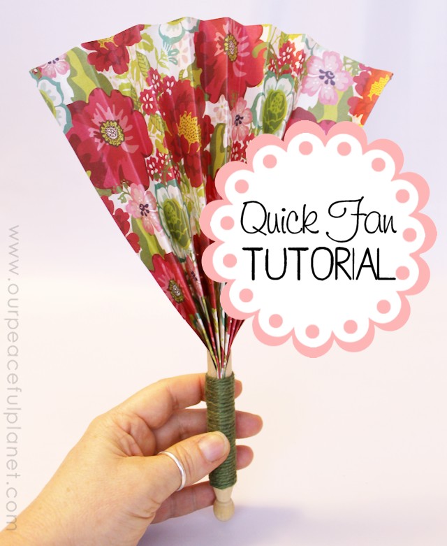 Make these quick hand fans in minutes using a regular wood clothespin and some heavy scrapbook paper. Wrap a little ribbon or twine around them and you have a beautiful way to cool off!
