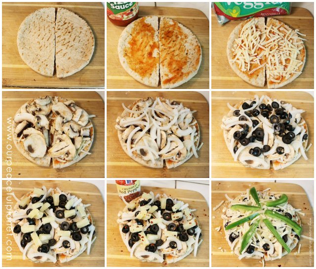 These mini pita pizza is quick to make, delicious and good for you! We also show you how to create kit full of simple ingredients to keep in your fridge. Then you can whip them up quick and bake or if desired you can freeze them for popping into the oven later. 