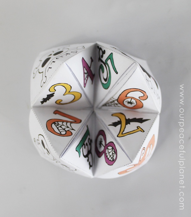 Here’s a fun Halloween activity and craft! Print out our FREE fortune tellers for some spooky fun! We have several versions including full color and ones you can color yourself. You might remember these as “cootie catchers” if your old enough. We show you how to fold them and use them. There’s one you can add your OWN fortunes too also!