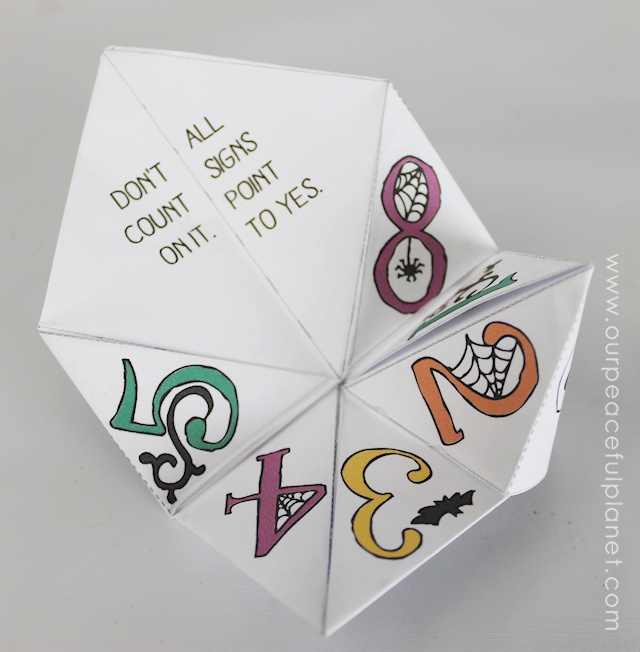Here’s a fun Halloween activity and craft! Print out our FREE fortune tellers for some spooky fun! We have several versions including full color and ones you can color yourself. You might remember these as “cootie catchers” if your old enough. We show you how to fold them and use them. There’s one you can add your OWN fortunes too also!