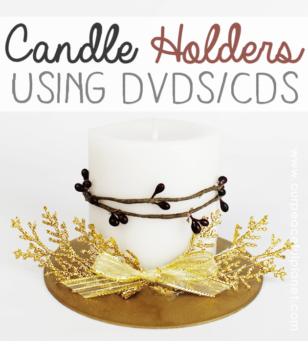 Make beautiful DIY candle holders from old CDs or DVDs. All you need is a little spray paint, some ribbon and artificial flowers. Great for any season!
