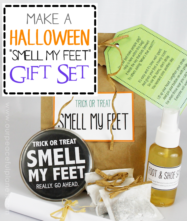 Make a unique Halloween gift set for adults. It’s an all-natural foot spray and shoe freshener kit. Instructions plus free printables which includes a hilarious poem! 