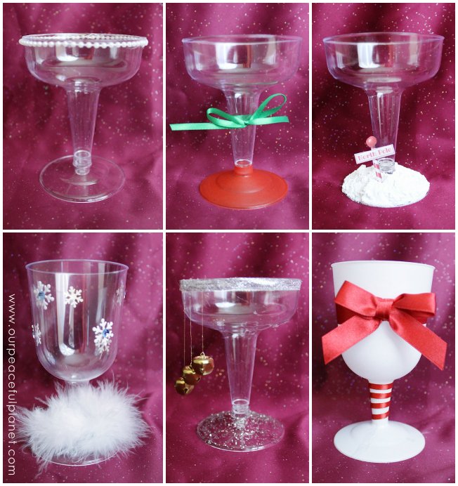 Use these unique and festive goblets for holiday parties or meals! They are made from plastic Dollar Store goblets! We show you a variety of ways you can turn them into gorgeous tableware that your guests will love!