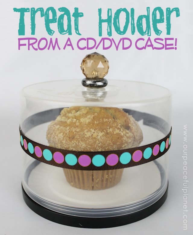 This darling little treat holder is an upcycle made from those disc spools that your blank 50 count CDs or DVDs come in. It’s perfect for a few cookies, or a large muffin as shown. Any small knob works for the top. You could even glue a large wood wall onto it! What a unique way to give a treat to someone special. 