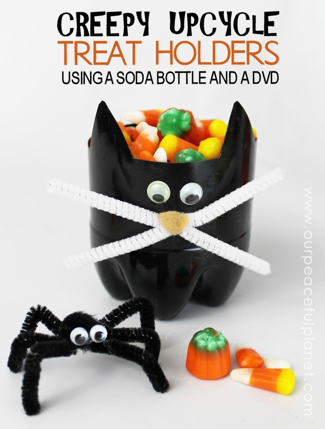 Make these fun halloween craft treat holders from plastic soda bottles! It's a wonderfully easy upcycle project for all ages. Invent your own creatures!