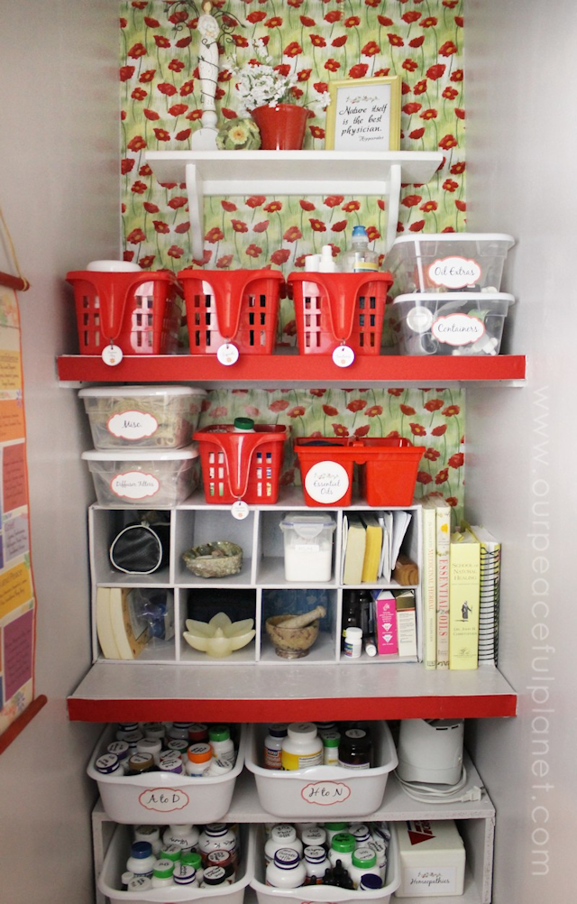 You can use these ideas to organize any type of closet or shelves where you store supplies. This one happened to be a closet that holds natural healing and herbal things.  But the container ideas are inexpensive and unique!   This shows that any area can be made beautiful and fun!