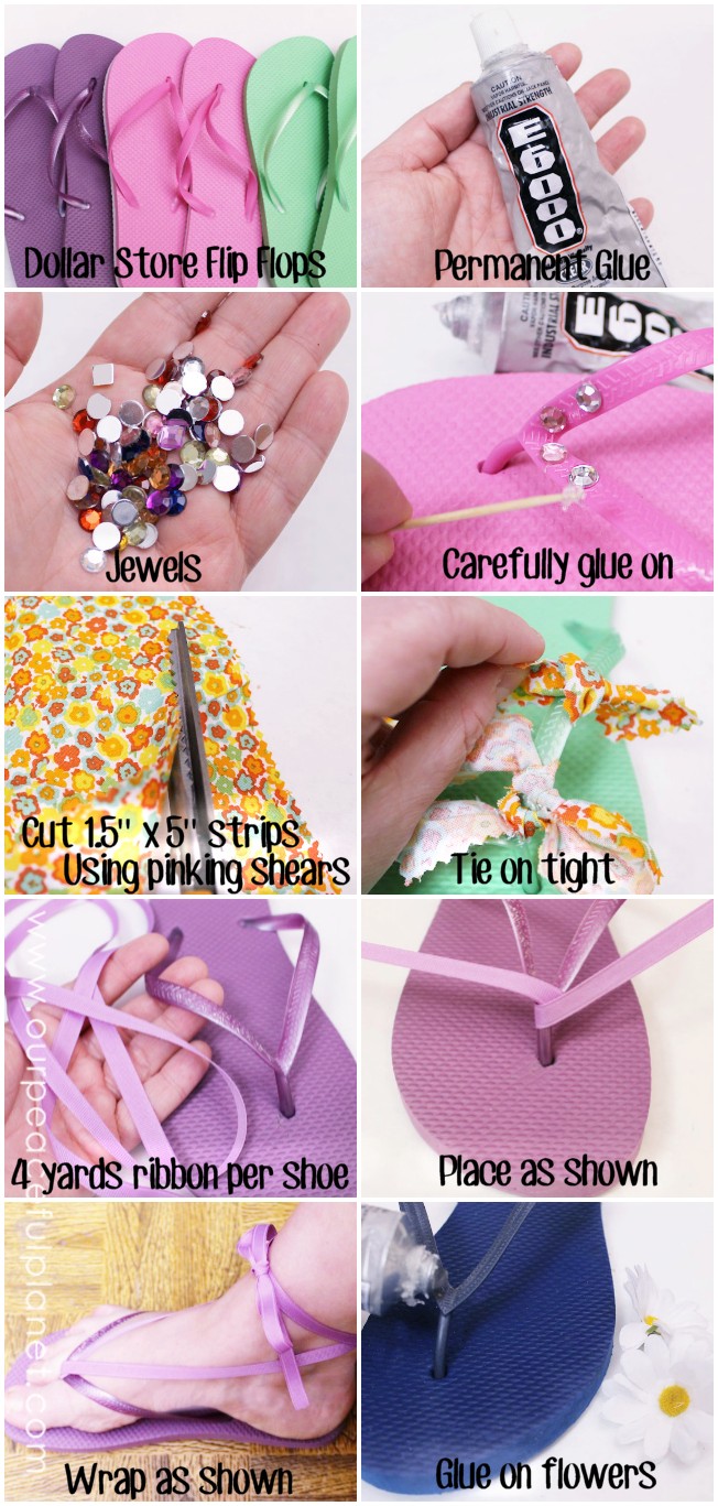 Grab some Dollar Store Flip Flops and turn them into gorgeous unique footwear in a matter of minutes! These simple DIY Flip Flop ideas will inspire you to make a pair for every outfit! 