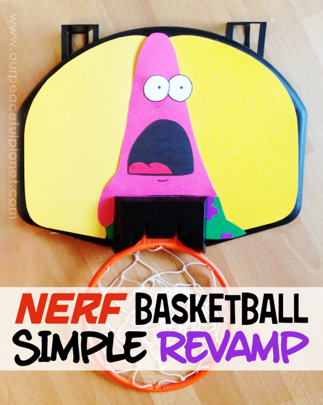 Here's how to do a quick Nerf Basketball Makeover with a little constructions paper and some scissors and glue! You can put whatever design you want on the back!