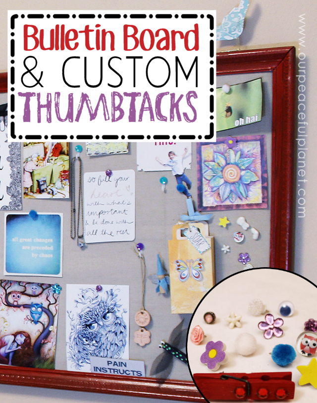 Do you have an old large frame hanging around? Well you have the makings of a spectacular bulletin board or inspiration / vision board!  It's very simple to put together and what makes it even more nifty is the custom thumbtacks we show you how to make. Use it for a family center, notice board or an idea board where you place things that inspire you!