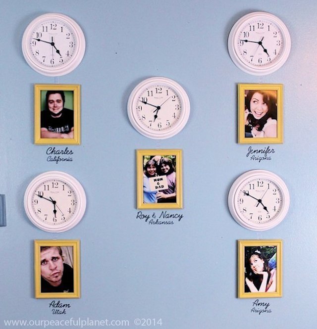 Do you have kids who have moved away or other extended family members that you’re close too? Create a time zone clock wall complete with photos to keep them in your mind and hearts all day long! It’s the next best thing to being there! Well, not really but it’s still pretty cool.
