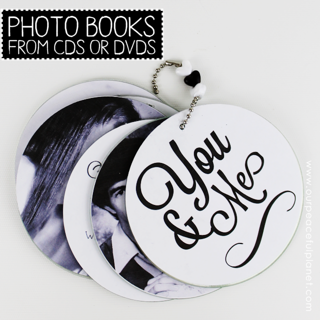 Make these awesome custom photo books from old CDs or DVDs using photos and scrapbook paper! Drill a hole and attach a chain for a wonderful gift.