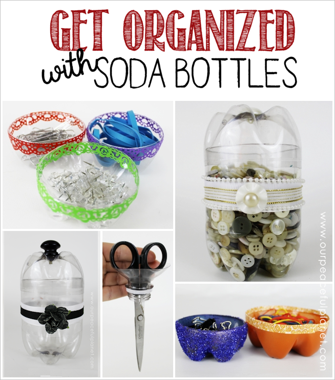 Get organized with plastic bottles! You can cut them, paint them and decorate them to hold all kinds of things. What a great way to upcycle!