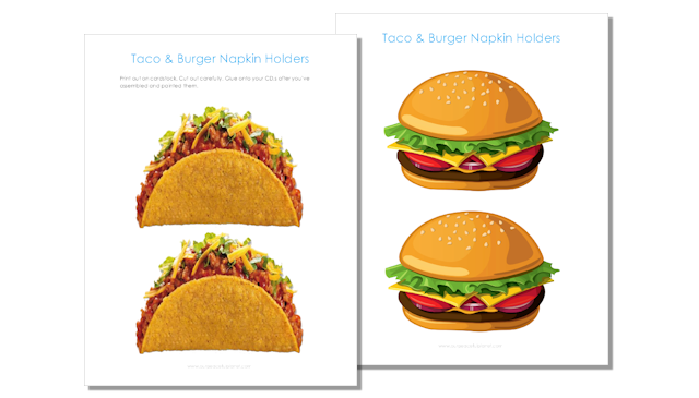 Make a fun taco or burger napkin holder using nothing more than old CDs or DVDs. Quirky and fun, you can download our free printable graphics!