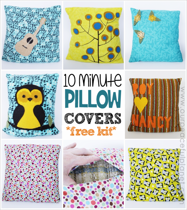 Easily create an inexpensive custom pillow cover in 10 minutes using fabric, felt and glue, that is both beautiful and unique using our free kit patterns.