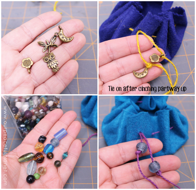 This simple little no sew drawstring pouches are great for holding tiny treasures! All you need is felt and string and some charms or beads if desired!