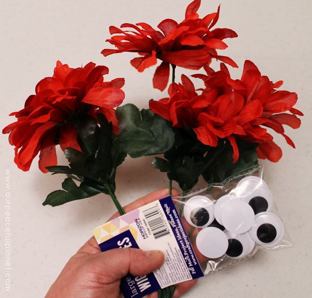 This quick Halloween Craft that will put a smile on the face of anyone! Grab some fake flowers, google eyes and glue and make "Eye See You!" bouquet.