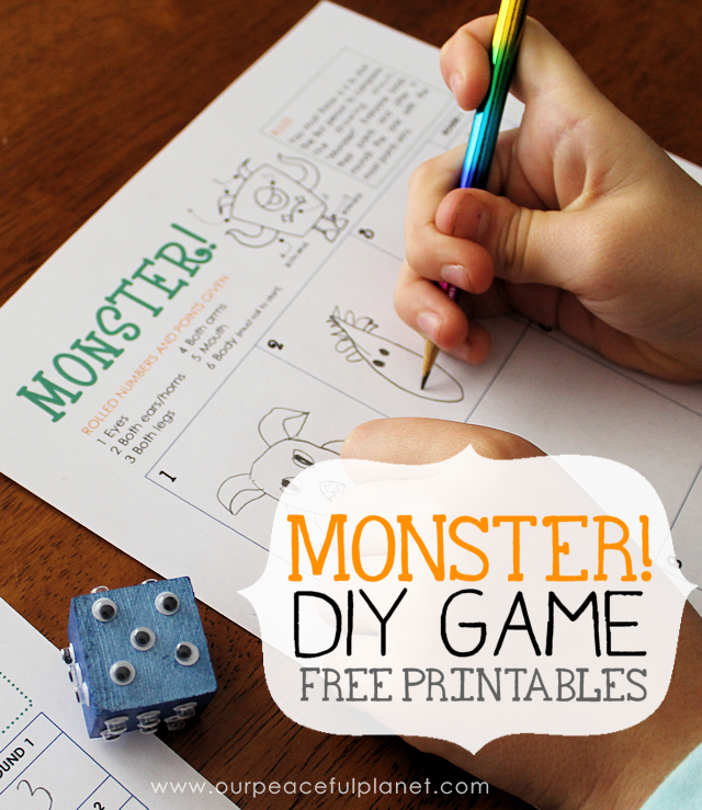 Monster! is a fun Halloween game you can quickly make using our free printables, a wood block and some wiggle eyes. Entertaining for adults and children!