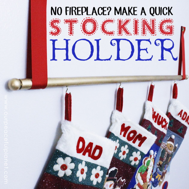 No fireplace to hang your Christmas stockings? We'll show you how to make a simple and easy stocking holder from a dowel, some cup hooks, ribbon and paint!