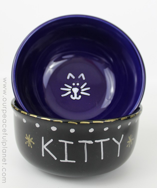 Make some quick personalized dog bowls from Dollar Store ceramic dishes! You can easily label them or paint them with your dog or cats name. Very classy!