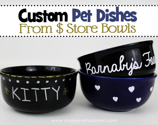 Make some quick personalized dog bowls from Dollar Store ceramic dishes! You can easily label them or paint them with your dog or cats name. Very classy!