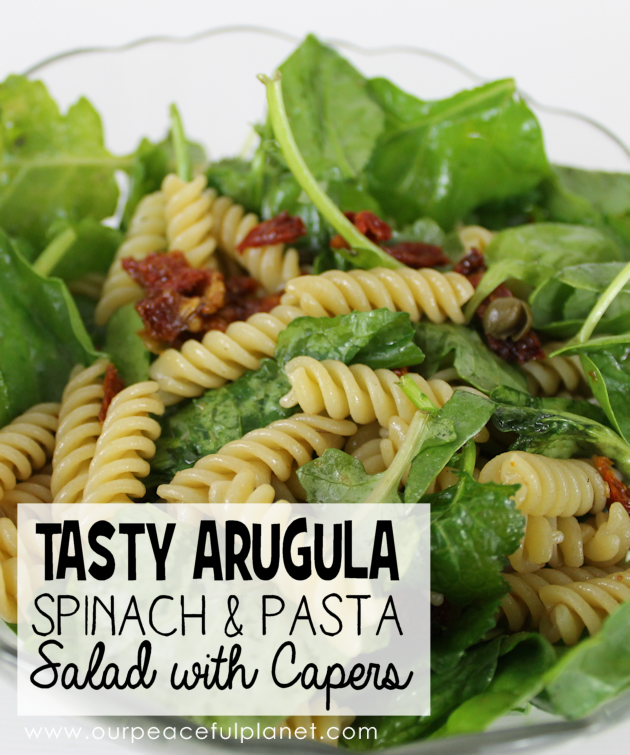 Even if your not a salad eater you will like this arugula, spinach, sun dried tomatoes and capers healthy pasta salad. It's quick to make a very filling!