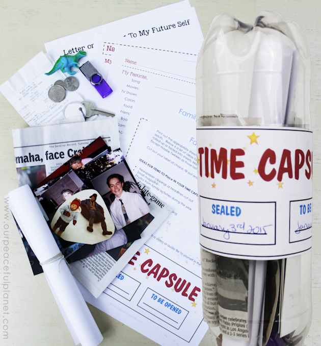 Make a fun family time capsule using plastic soda bottles and our free printables! We'll give you labels and ideas for other items to add into your capsule. 
