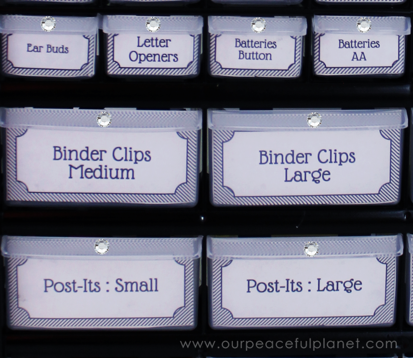 Organize office supplies in style with a plastic parts chest. With a little paint, some nice labels and a few rhinestones you a beautiful addition to your home office!