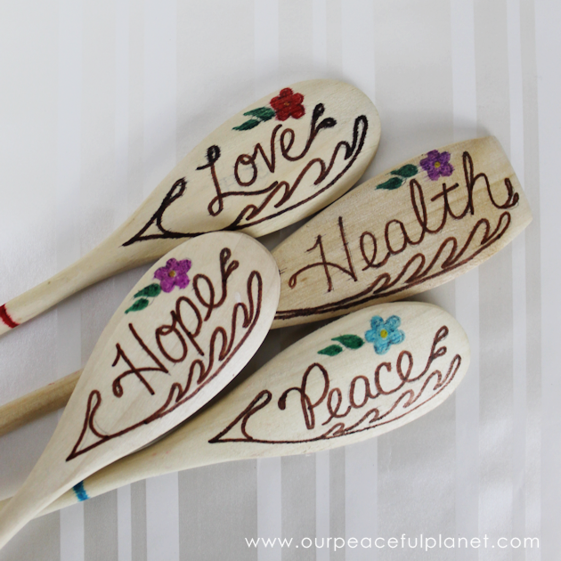 Add positive energy into your food by cooking with spoons that have words on them. Easy to make, they are not only beautiful they are a great gift!