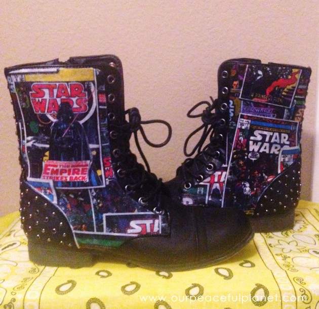 Mod Podge your own set of Star Wars Boots! All you need are two things... the Mod Podge and some Star Wars fabric. 
