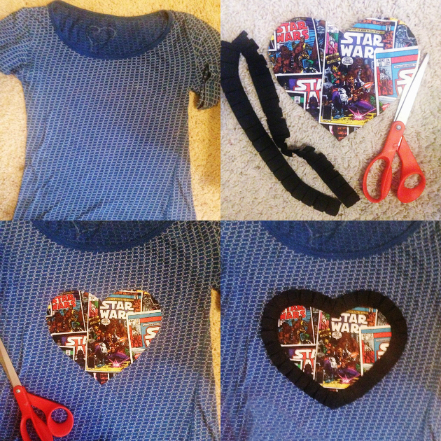 Create and wear a Star Wars T-shirt with pride! Grab a shirt, a scrap of Star Wars material and some fabric edging. You can use fabric glue or sew it on.