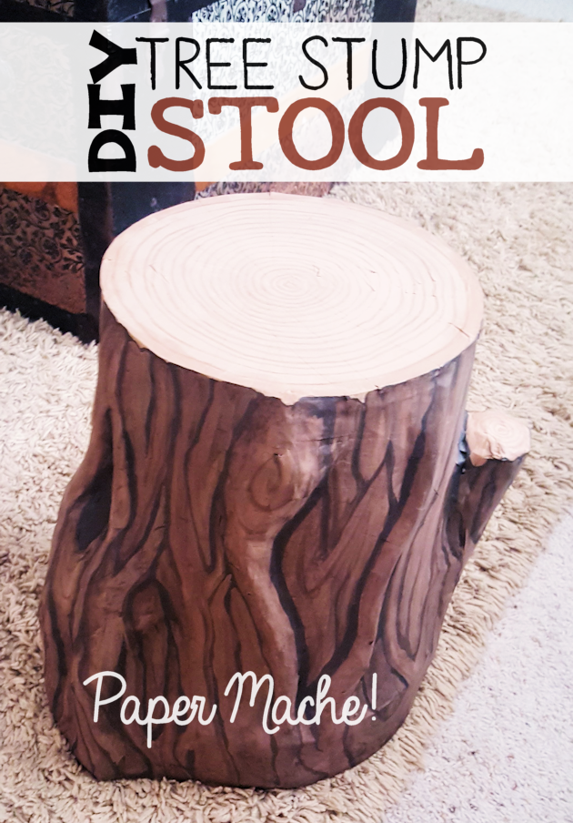 Add some whimsy to your home with this DIY tree stump stool. All you need is a 5 gallon bucket, wood circle, TP tubes, paper mache, foil and paint!
