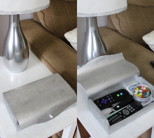Keep things organized and at your fingertips by making a simple living room handy box remote holder. We used a $4.00 box from the local craft store.