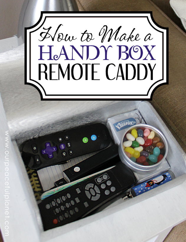 Keep things organized and at your fingertips by making a simple living room handy box remote holder. We used a $4.00 box from the local craft store.