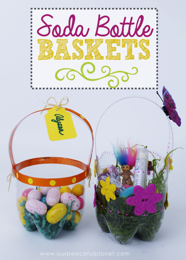 Pretty little custom DIY Easter baskets you can make in minutes using a plastic soda bottle of any size! Use for Easter or as a gift basket for any time!