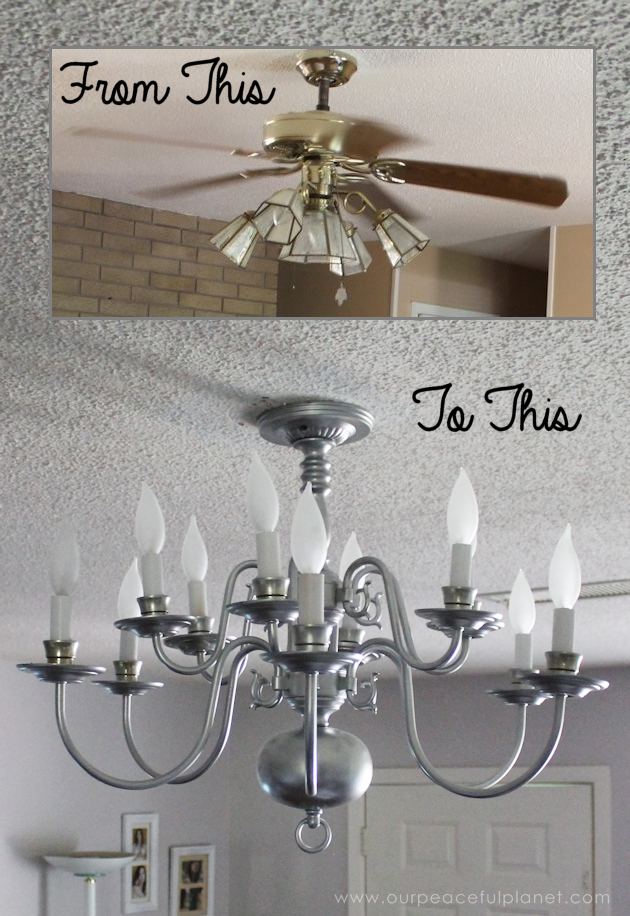 A simple chandelier makeover using a chandelier found at a thrift store. It replaced a ceiling fan in and was flush mounted. The effect was stunning!
