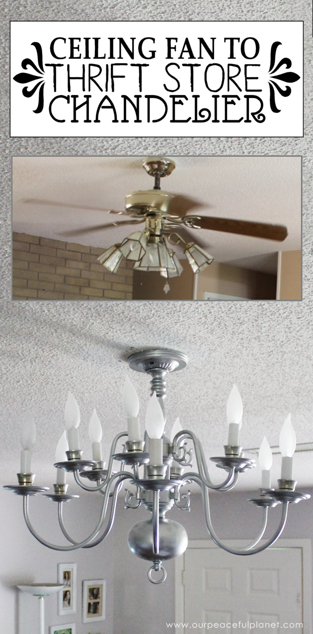 A simple chandelier makeover using a chandelier found at a thrift store. It replaced a ceiling fan in and was flush mounted. The effect was stunning!