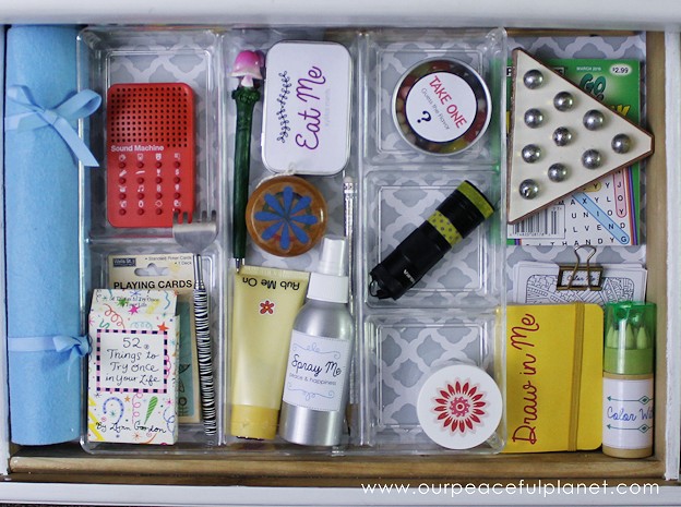 This toy box in a drawer is packed full of fun and creative activities for adults and older kids! Use some of our unique ideas or come up with your own!