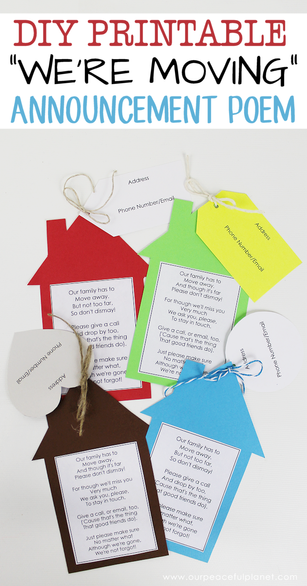 Moving can be bittersweet but these printable poetic moving announcements are a fun way to let your neighbors know you'll miss them and to keep in touch!