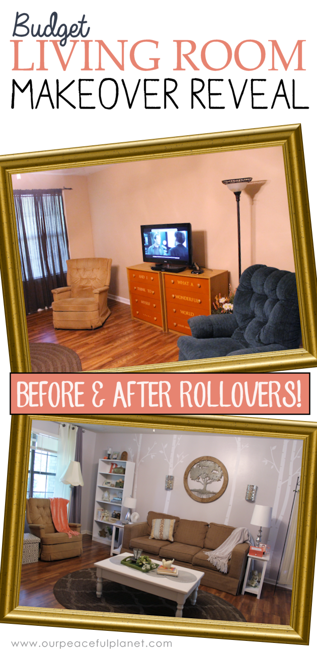 This delightful budget living room makeover features many old items made new! Check out the before and after photos of this unique and fun transformation!