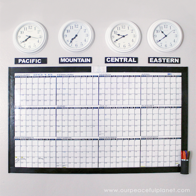 A whiteboard calendar can be a wonderful asset for a business or family scheduling. Learn how to make your own with time zone clocks above it!