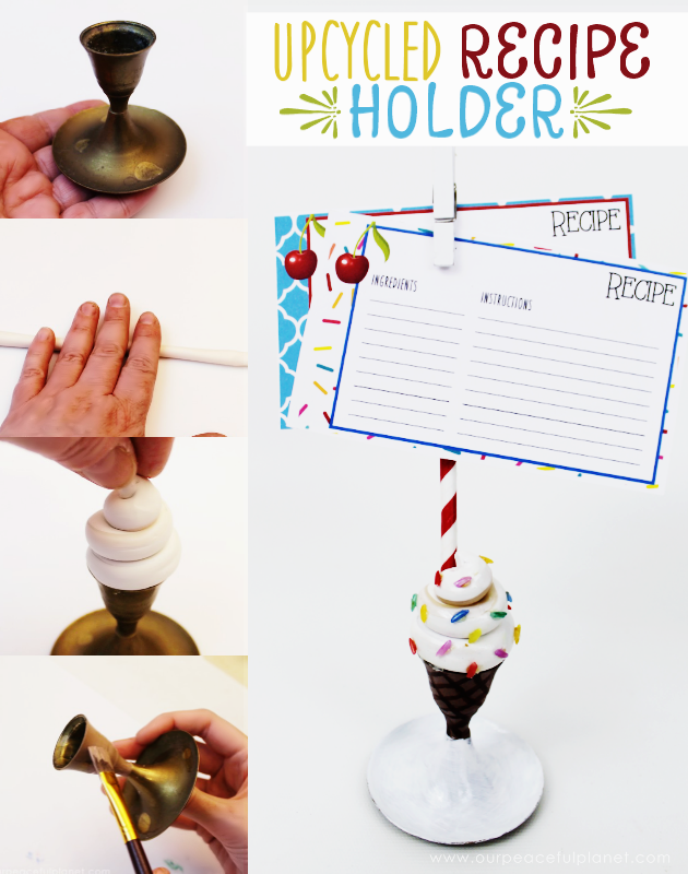 This fun portable recipe holder is made from an old brass candle stick holder and some clay! It's super easy and we've got free matching recipe cards also!
