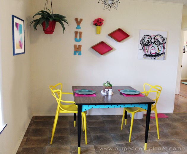 Don't throw away that old furniture! All you need is a little paint and you've got a Modern Geometric Painted Dining Table! Amazing transformation isn't it?
