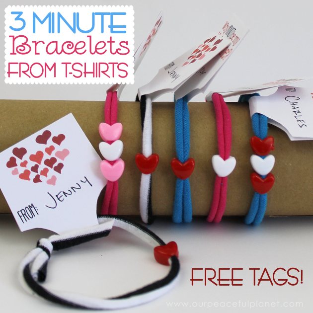 You got 3 minutes? Got an old t-shirt? Add in heart shaped pony beads and now you've got 3 minute DIY bracelets! Great for Valentine's Day! (Free tags.)