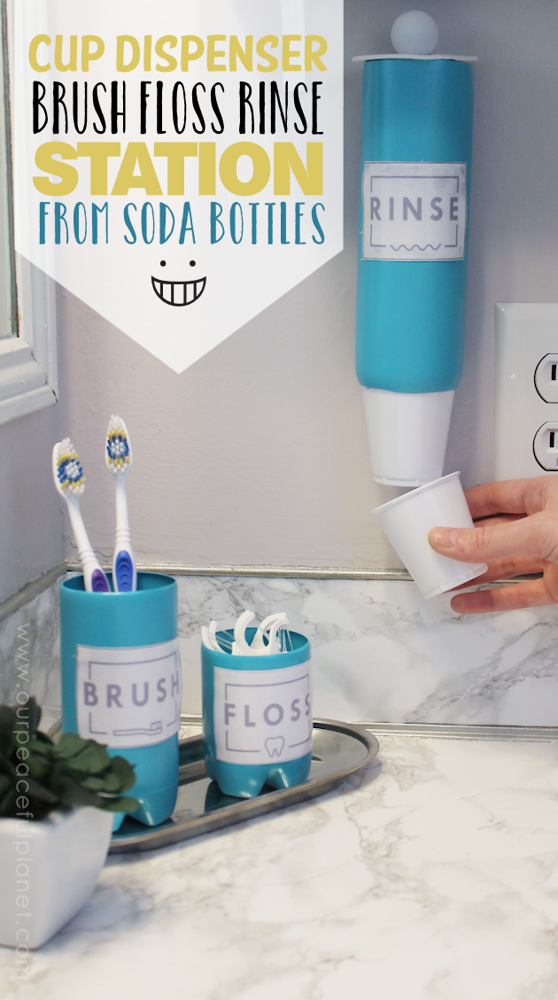 This matching bathroom set, complete with a cup dispenser, is made from three slim soda bottles. Paint them any color you like and use our free labels!