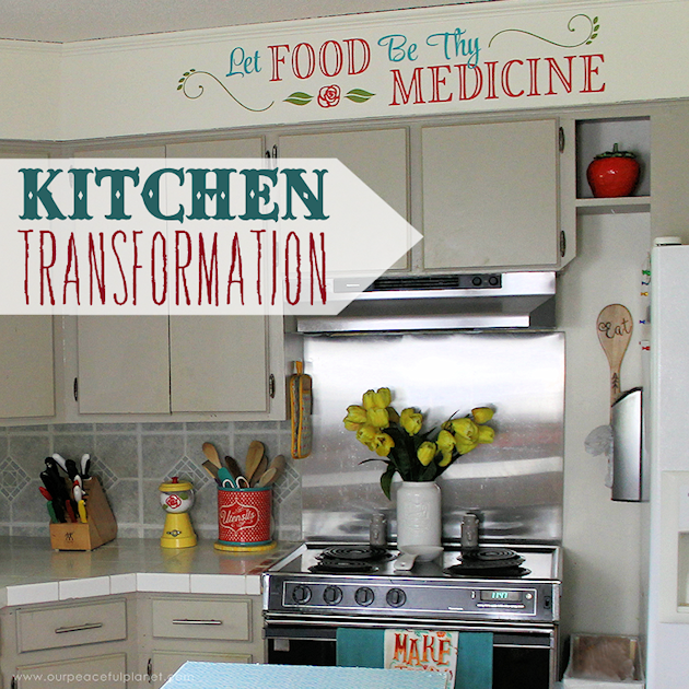 See the final reveal of our outdated kitchen transformation, completed with a minimum of cash. It's now a fun, inspiring place to be. Before & after photos!