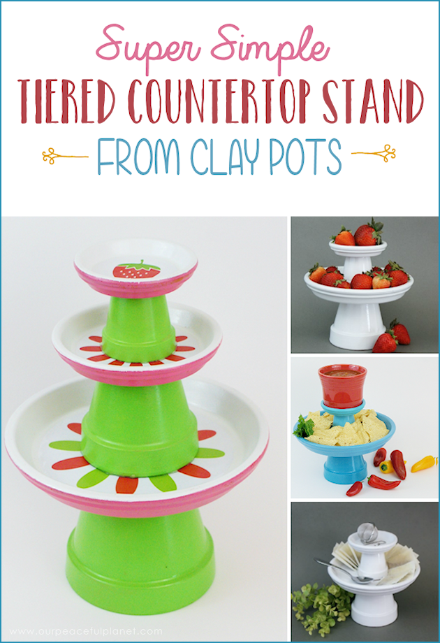 This small DIY cake stand can hold so much more! Fruit, cookies, nuts, candy, tea bags etc. Made from clay pots it’s simple and inexpensive to make.