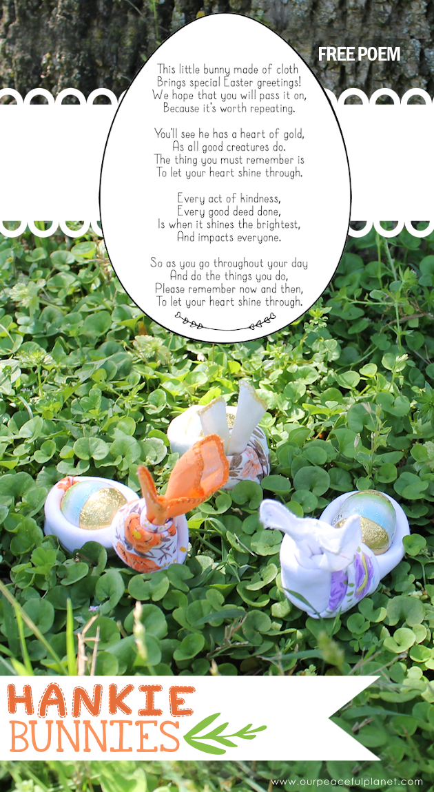 Give your friends a special Easter greetings bunny and beautiful poem made from a simple folded handkerchief or piece of cloth and filled with a golden egg.