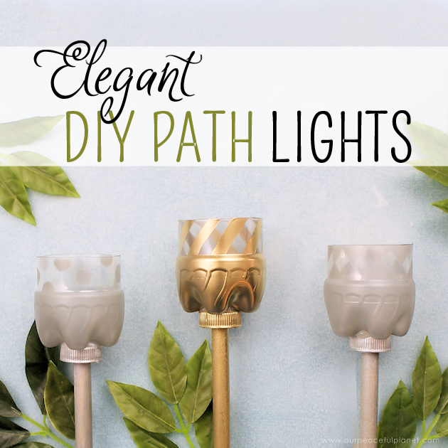 Make your outdoor pathways shine and glimmer with these elegant gold and silver path lights made from soda bottles, dowels and battery operated tea lights.