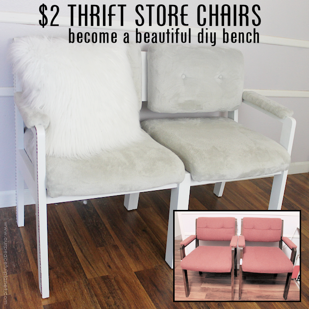 Watch how two $2 thrift store office chairs were transformed into a gorgeous comfy bench seat with nothing more than some paint and $6.00 of material.
