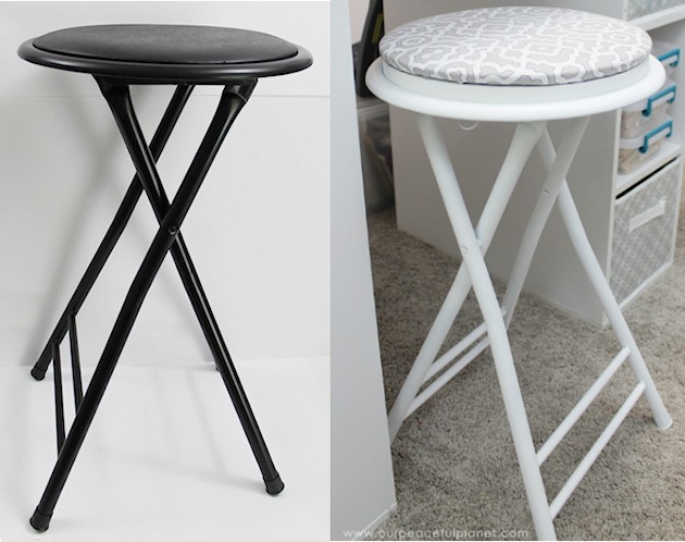 This cheap folding stool from Amazon was for my craft room. It just needed a little love. i.e. paint and material plus a wood circle to make it tad higher. I also added the feature of making the fabric top removable in case I want to change the color at some point.